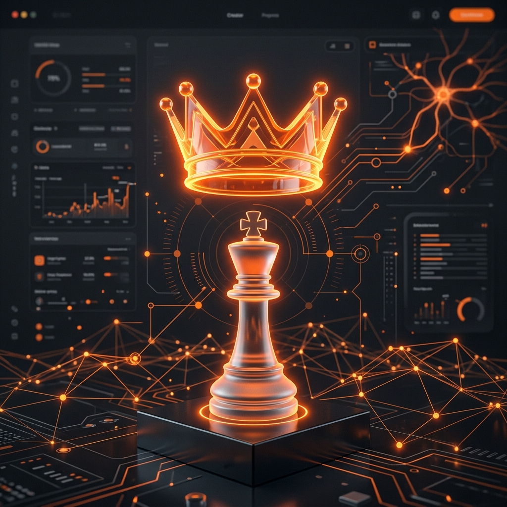 Glowing orange crown hovering over a digital chess piece representing the CEO mindset