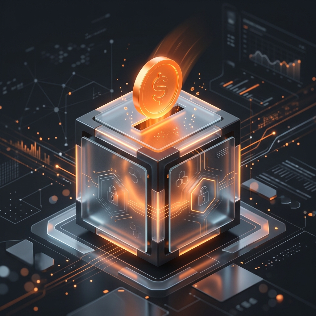 Glowing coin dropping into a digital vault for crowdfunding taxes