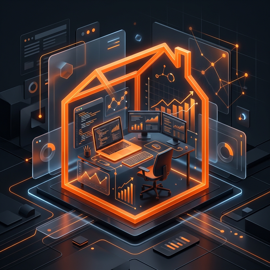 Minimalist orange house outline representing a home office workspace