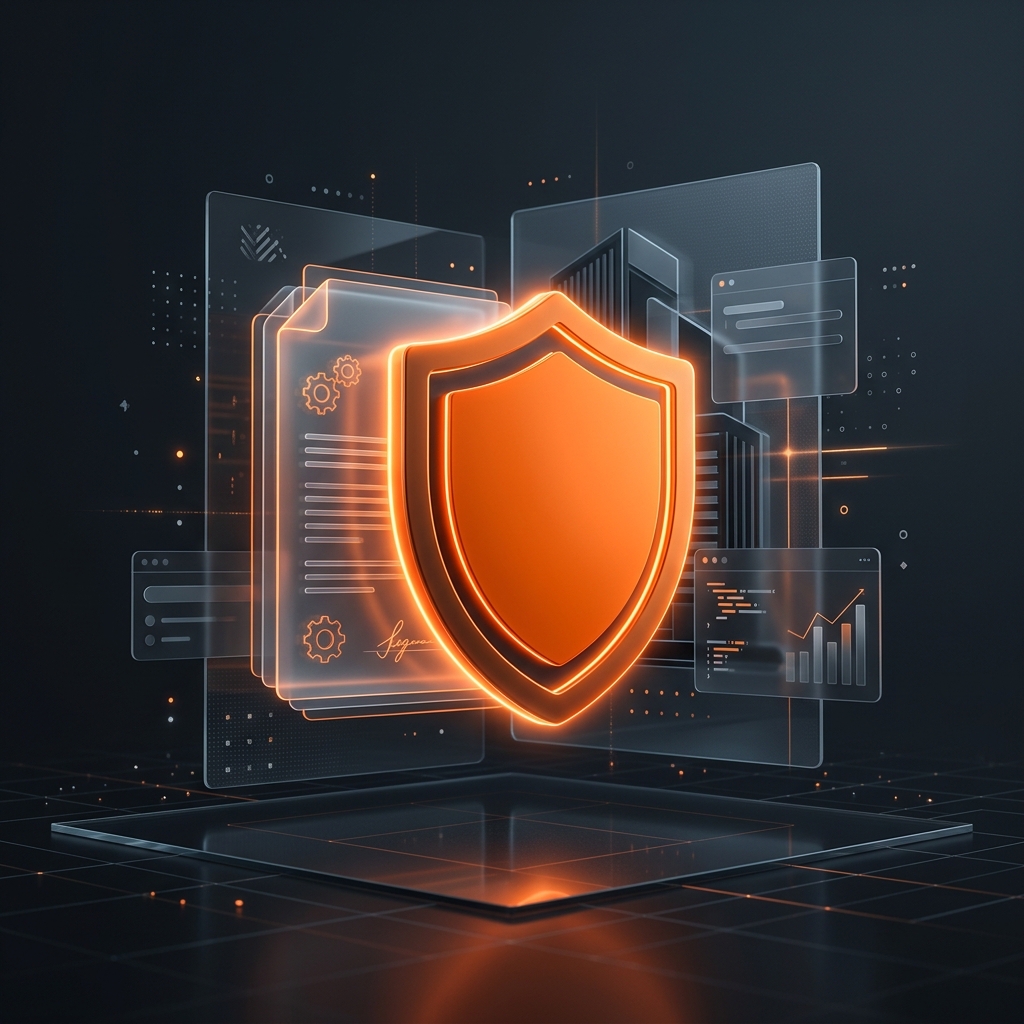 Glowing orange shield protecting digital documents for LLC creation
